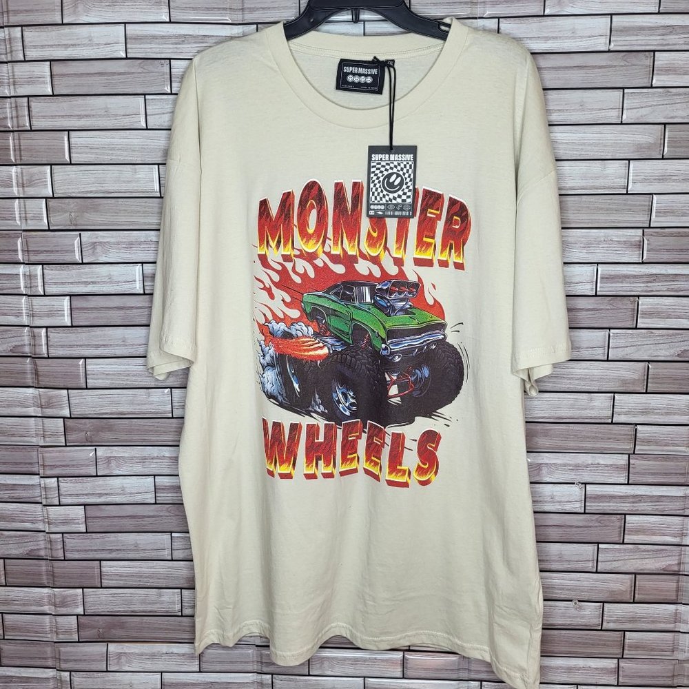 NWT Super Massive Unisex Top Monster Wheels Graphic T-Shirt -‎ Tan - Size XXL